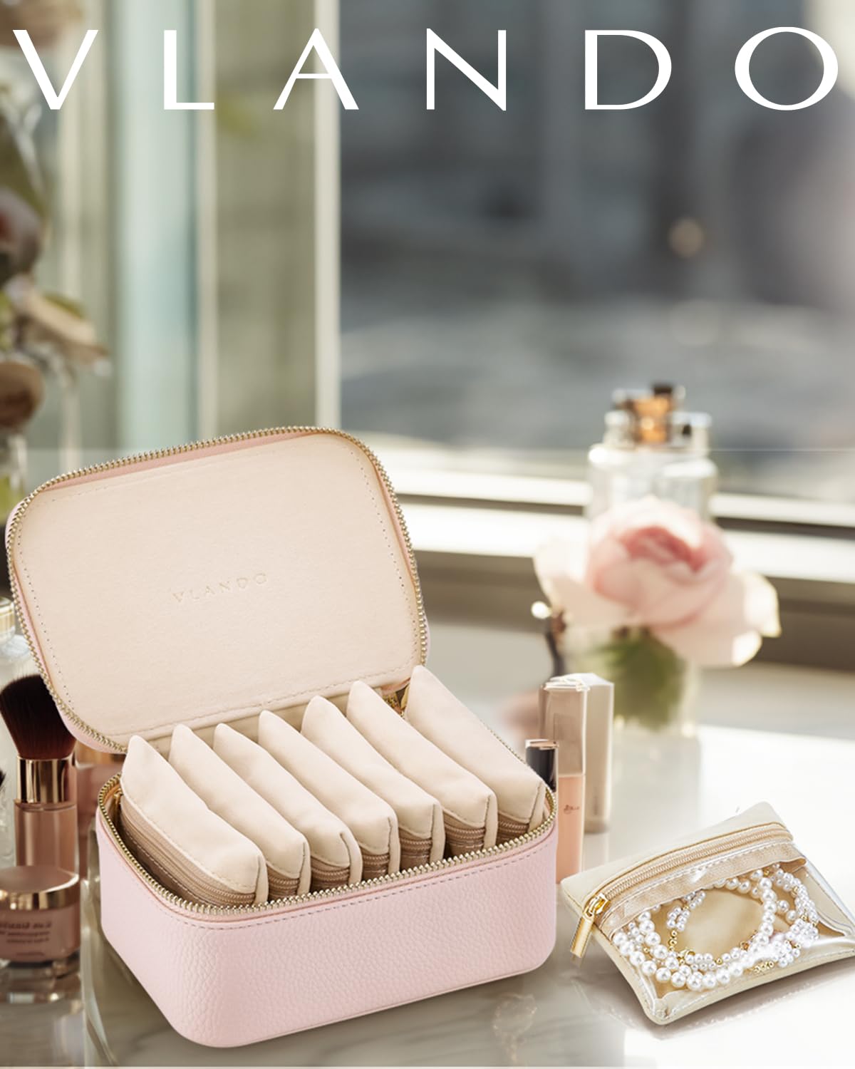 Jewelry Travel Case with 8 Clear Velvet Zipper Pouches (C.8 PCS Pink)
