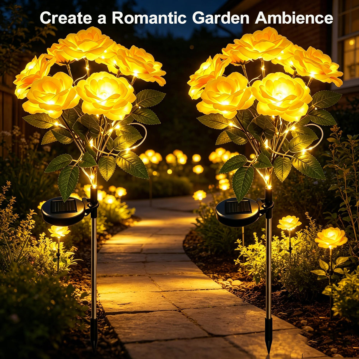 Solar 7 Head Rose Flower Lights Outdoor (Yellow)