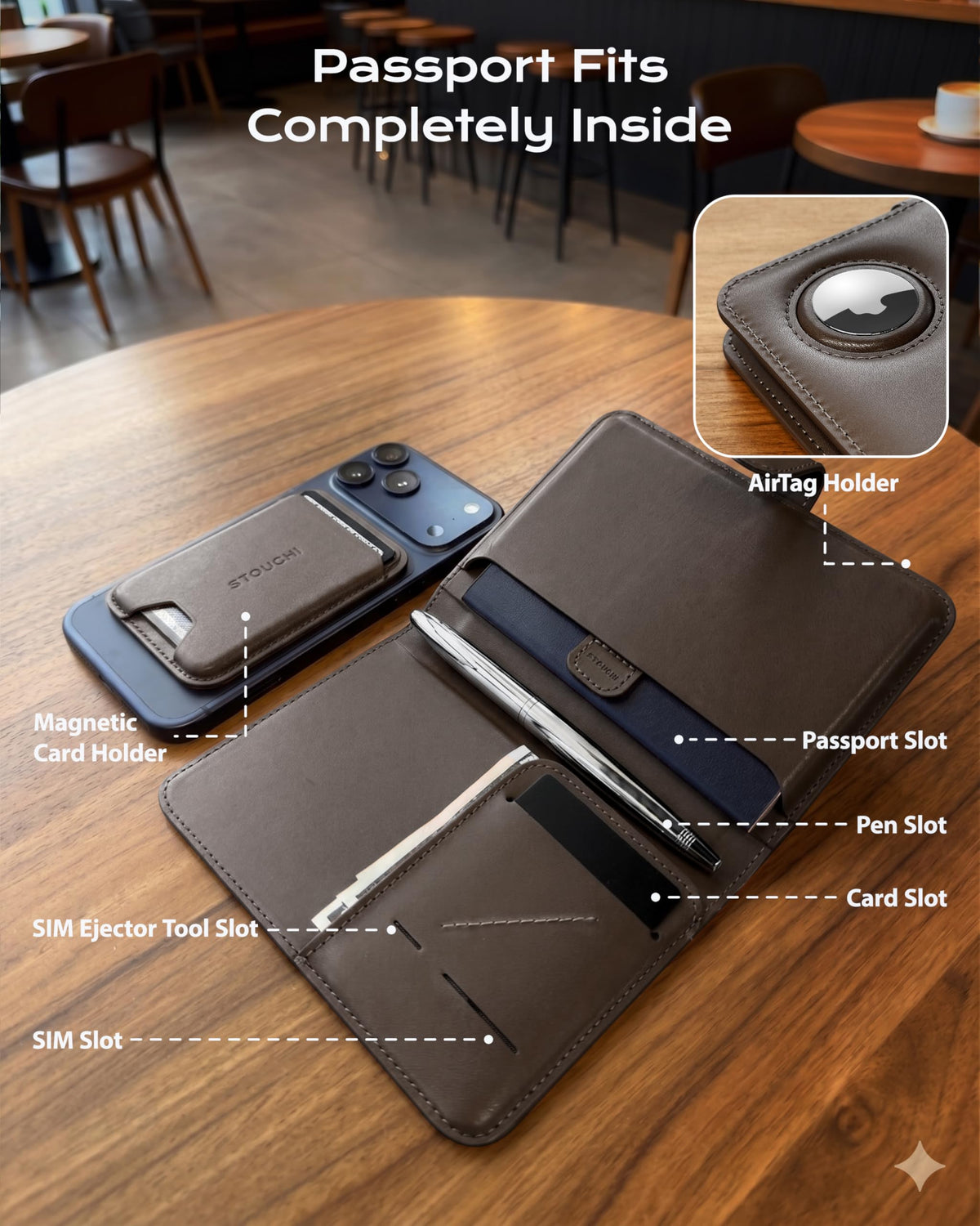 Passport Holder with AirTag (Coffee Brown)