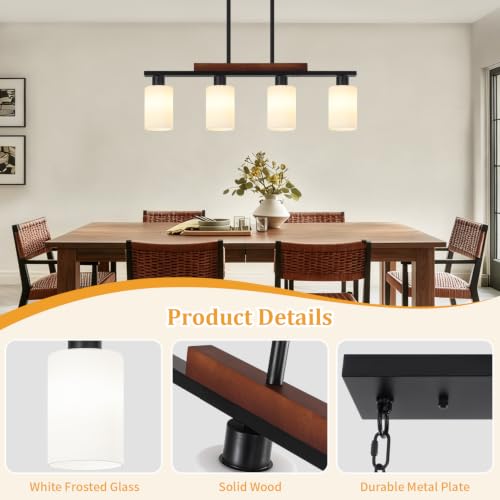 Farmhouse Island Lights for Kitchen Black Dining Room Light Fixtures Over Table with White Shade Wood Linear Chandelier Lighting with Adjustable for Kitchen Island Dining Room