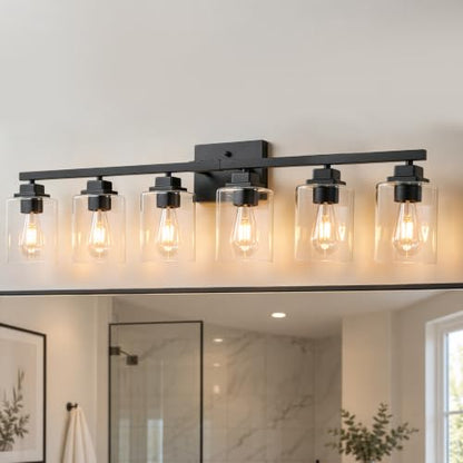 Matte Black Bathroom Light Fixtures (Black-Clear Shade / 6-Light)