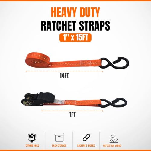 15FT Ratchet Straps 4 Pack (Orange)
