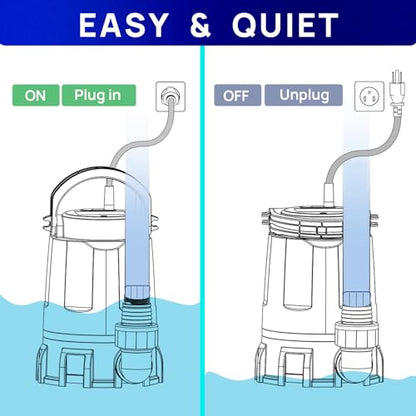 Sump Pump Submersible Water Pump Thermoplastic Portable Utility Pump High Flow Water Removal for Swimming Pool Garden Pond Basement Window Wells with 10ft Long Power Cord