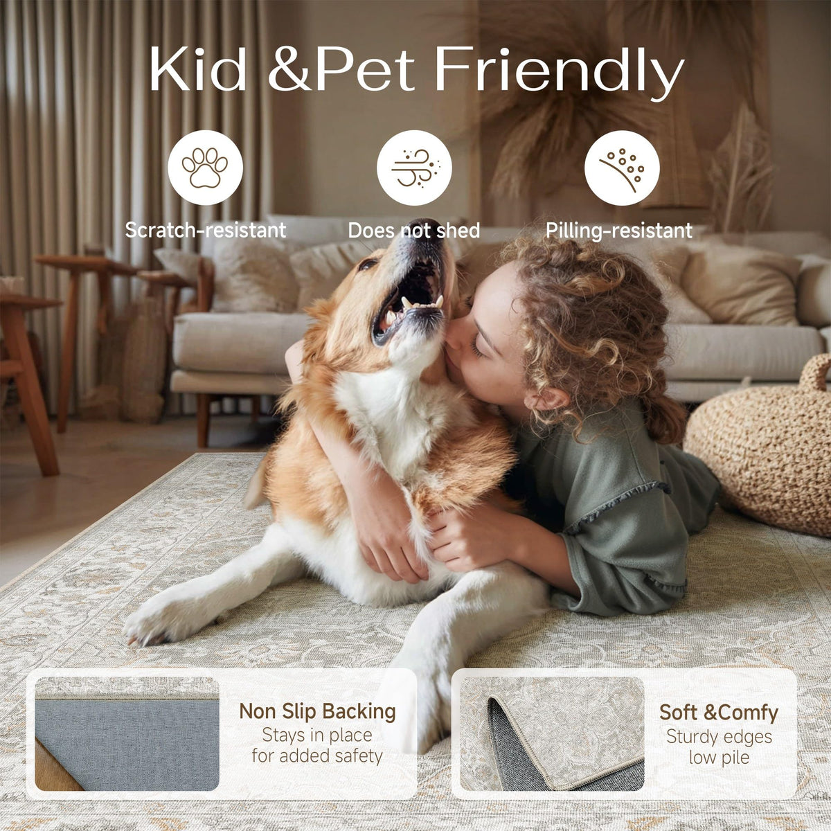 Grey Beige 8x10 Washable Area Rugs Vintage Indoor Carpet (E| Grey Beige / 8' x 10' (Rectangular))