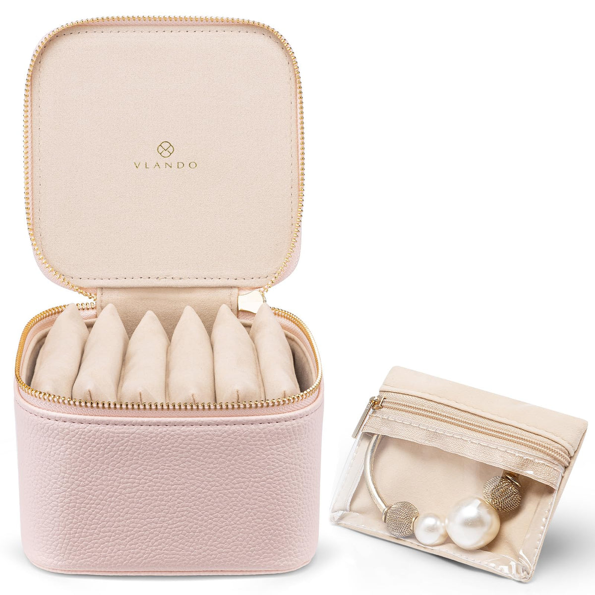 Travel Jewelry Organizer Case with 6 Clear Velvet Zipper Pouches (F.6 PCS Pink)
