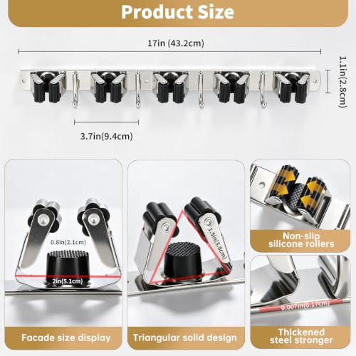 5 Racks 4 Hooks Mop and Broom Holder Wall Mount