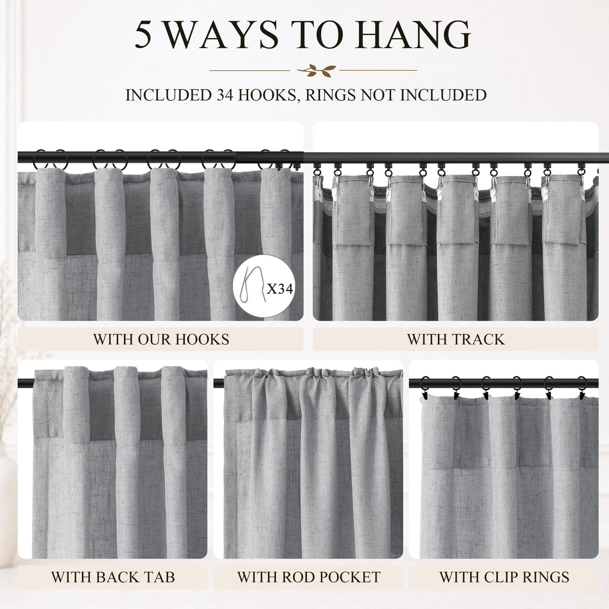 Grey Linen Curtains 120 Inches Long 2 Panels Drapes for Living Room (Grey / 50"W x 120"L (Pack of 2))