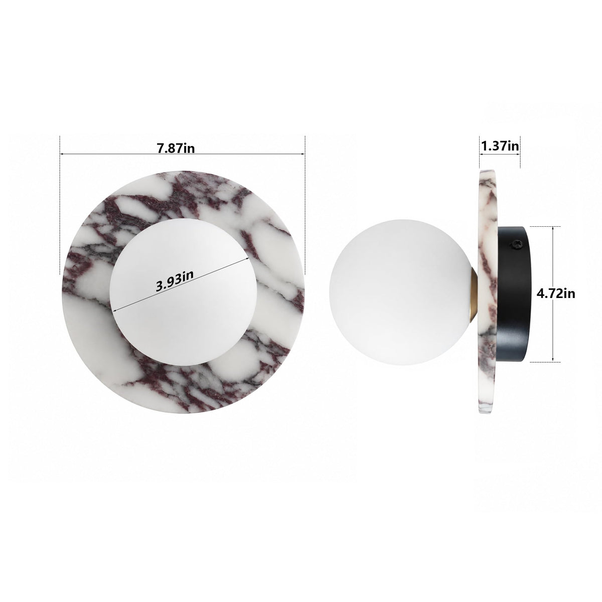7.9 Inch Natural Alabaster Wall Sconce Milk Glass Globe G9 Hardwired Light (Calacatta Viola)