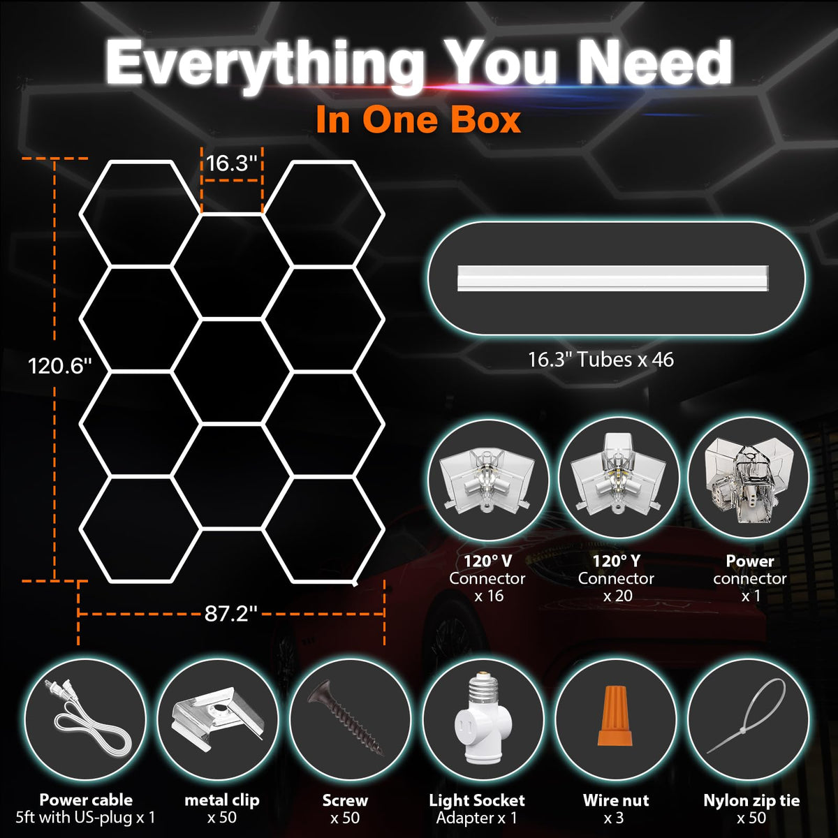 Dimmable Hexagon Garage Lights (11 HEX+NoBorder)