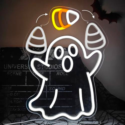 Juggling Ghost Halloween Neon Sign Animated Dimmable LED Halloween Decor (Ghost Corn)