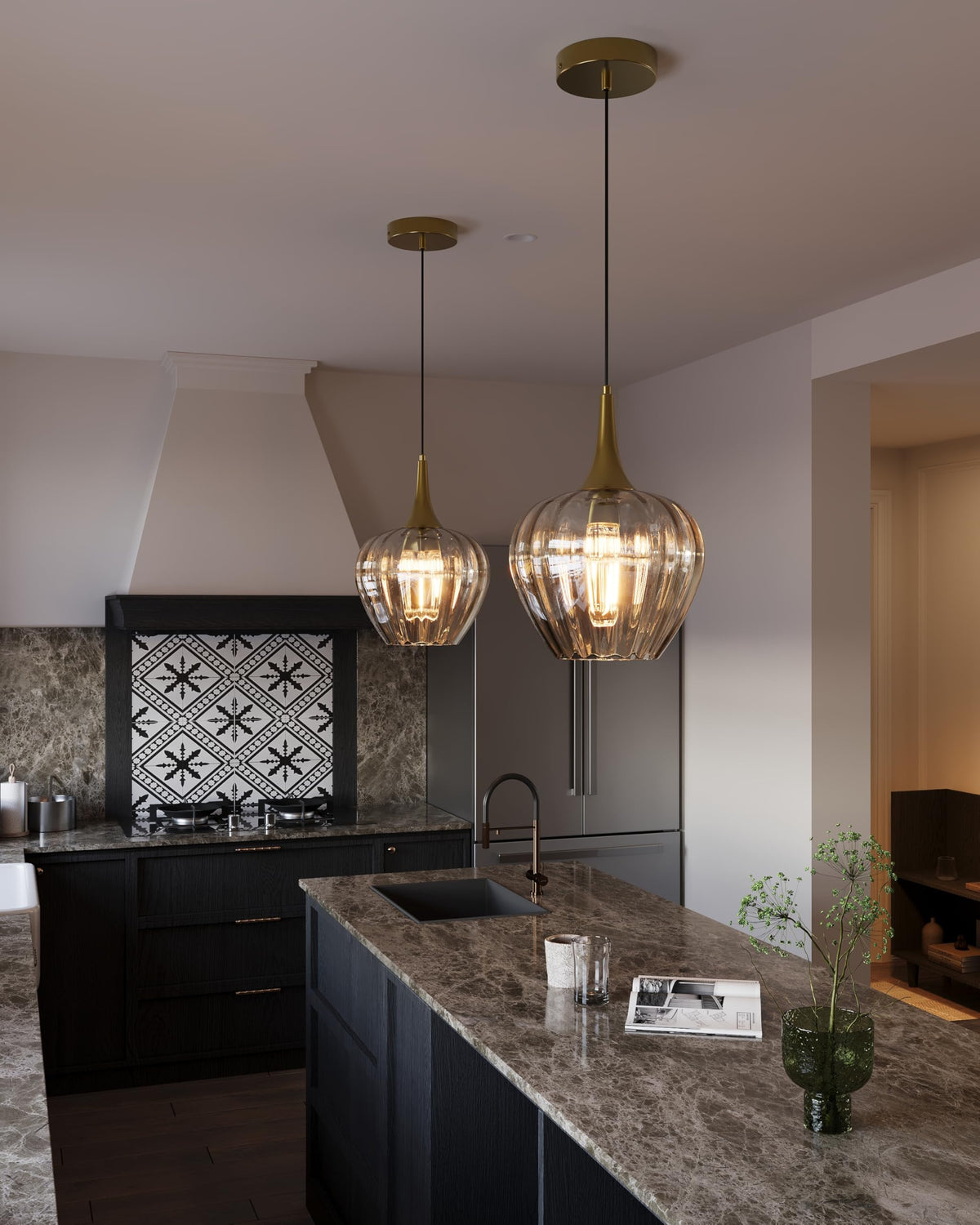 Gold Pendant Lighting for Kitchen Island (Gold & Amber Glass - 3 Pack)