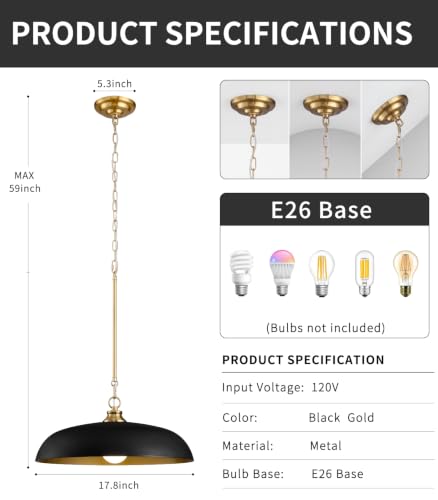 17.8" Black Gold Metal Dome Pendant Lights for Kitchen Island