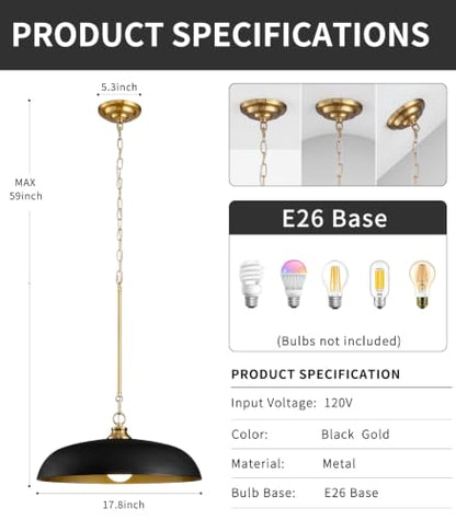 17.8" Black Gold Metal Dome Pendant Lights for Kitchen Island
