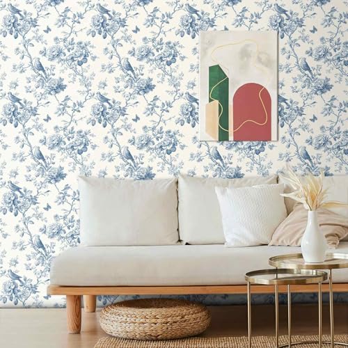 Blue Floral Bird Peel and Stick Wallpaper