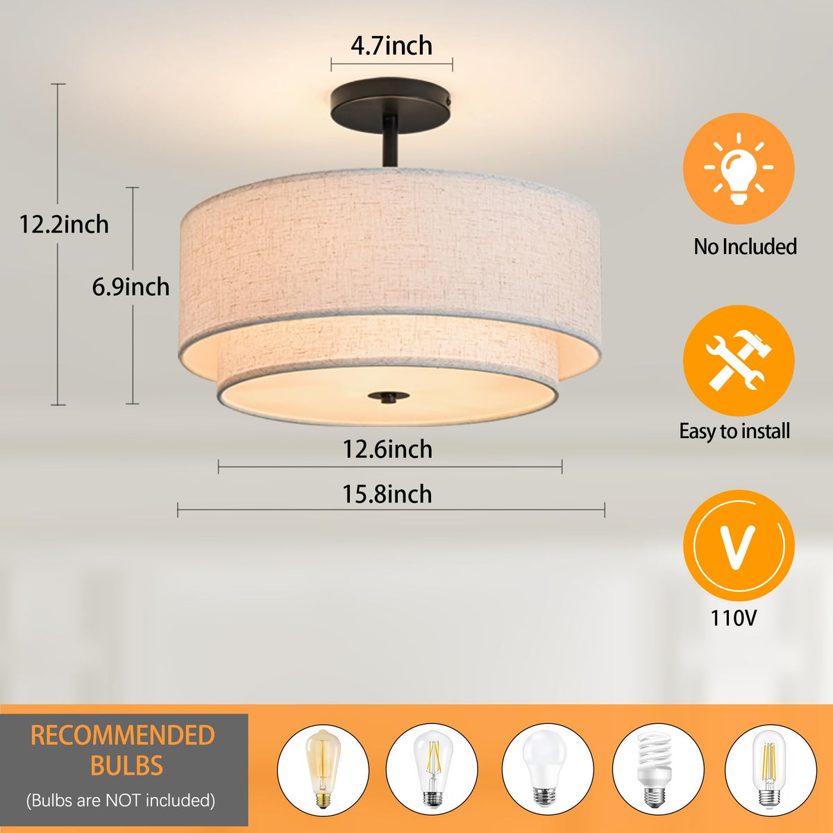 15.7" Ceiling Light Fixture Semi Flush Mount Ceiling Light with Dual Drum Design Classic Fabric Linen Shade Design for Living Room Bedroom Hallway Living Room Kitchen Dining Room Entrywa (Fabric+White+14.9inch+3Light)