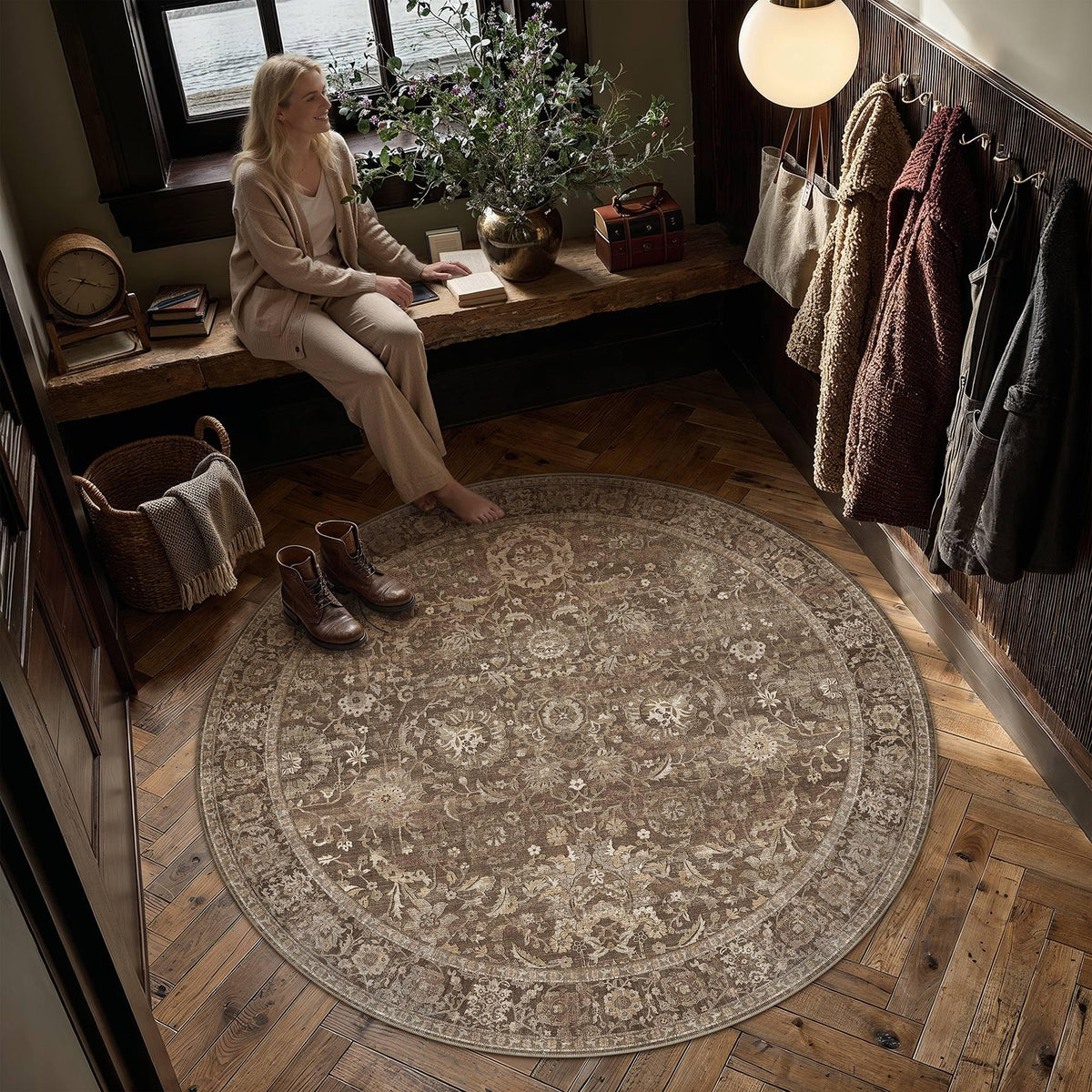 5x5 Round Rugs Brown Vintage Rug for Living Room (Retro | Brown / 5' (Round))