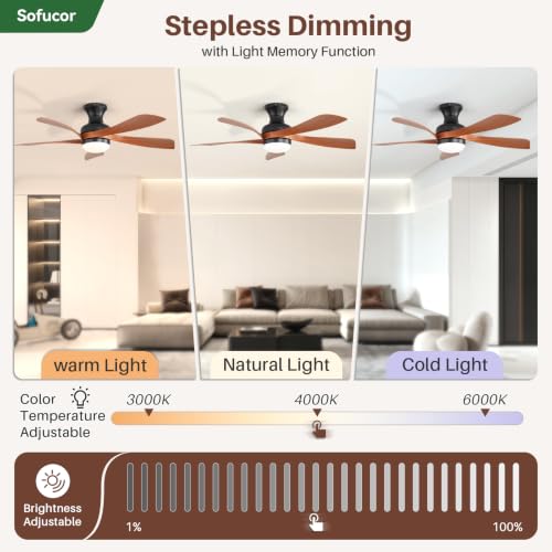 52 Inch Smart Ceiling Fans with Lights and Remote (Black+Brown / 52inch Max)