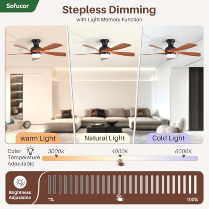52 Inch Smart Ceiling Fans with Lights and Remote (Black+Brown / 52inch Max)
