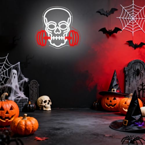 Skull Barbell Halloween Neon Sign for Wall Decor Halloween Neon Light Red Dumbbell LED Sign Fitness Neon Light Sign Gym Neon Light for Halloween Man Caves Bar Game Room Fitness Club Decoration (Dumbbell Skull)