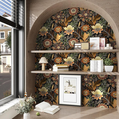 Boho Black Gold Floral Vintage Peel and Stick Wallpaper 17.4"x78.8" (Black/Brown / 17.4" x 78.8")
