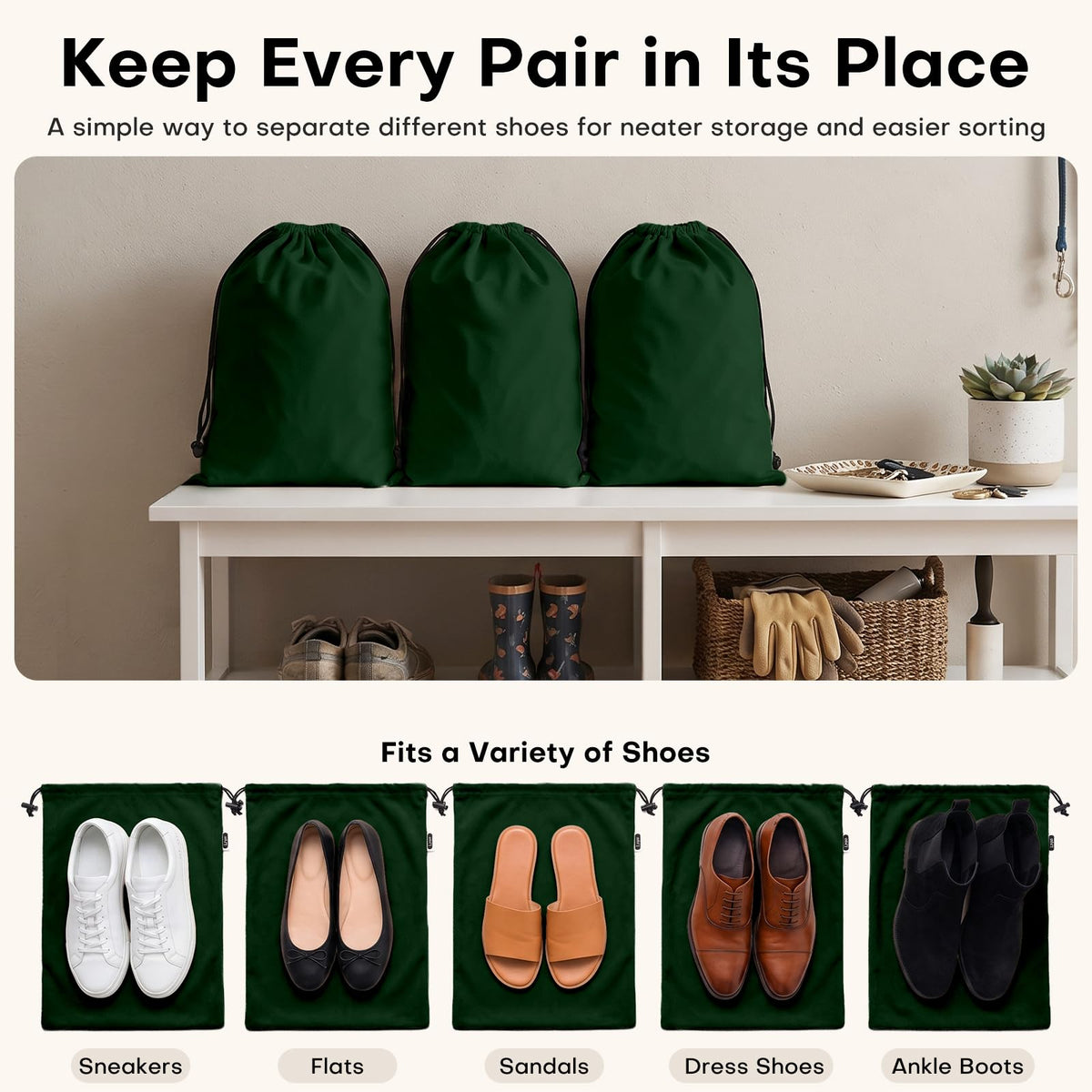 4 Pack Velvet Cloth Shoe Bags for Travel & Packing for Women & Men (Forest Green)
