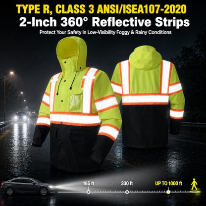 Rain Jacket Men Hi Vis Rain Coats Reflective Raincoat High Visibility Work Suits for Men Women Waterproof （RS250 (Large / Yellowblack)
