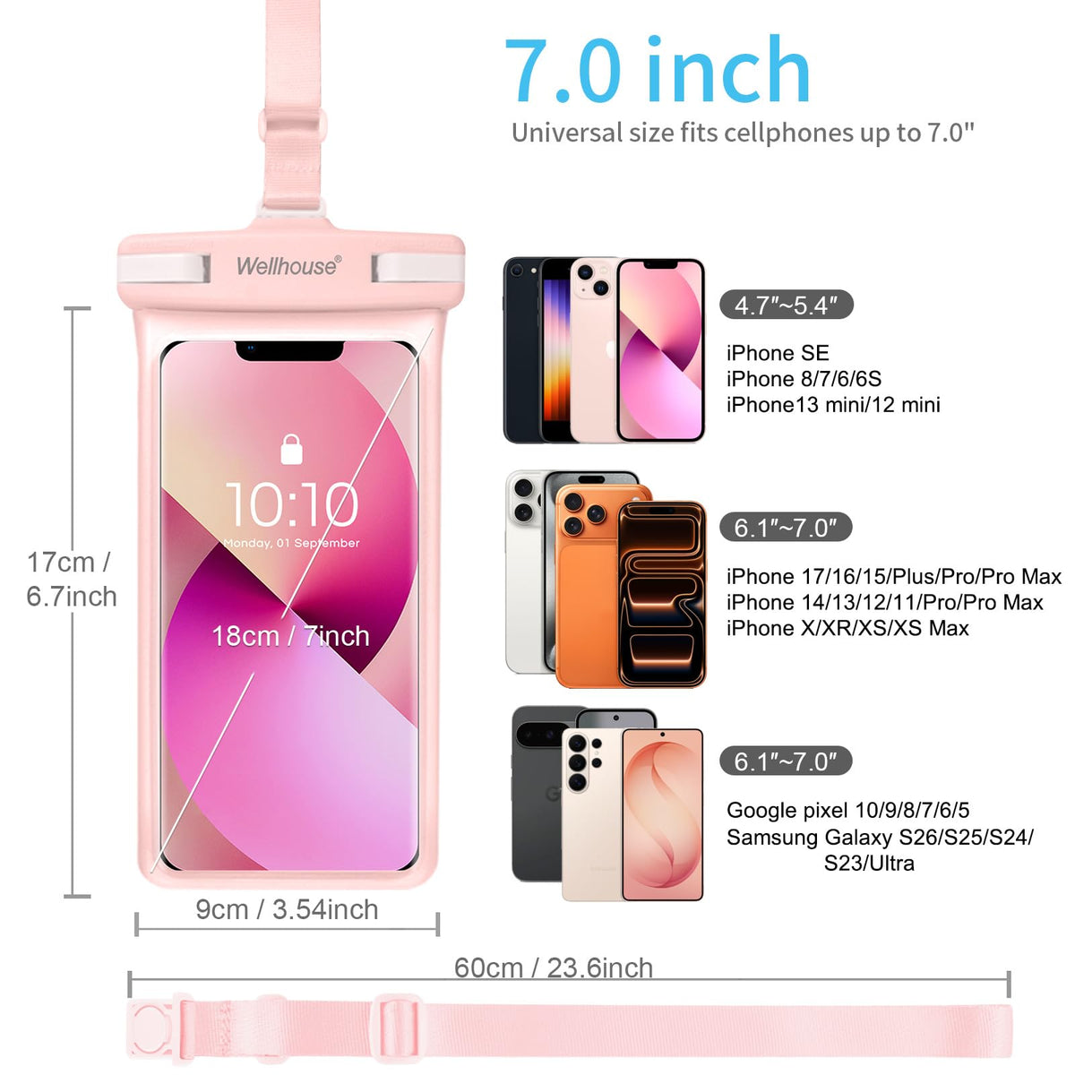 Waterproof Phone Pouch (2 Pack - Pink & White7.0")