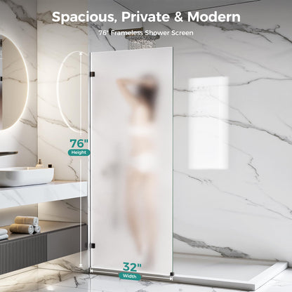 Shower Glass Panel Fixed (Matte Black - Frosted / 32"W x 76"H - 10mm)