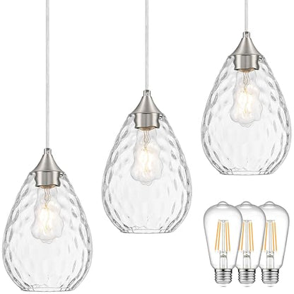 Glass Pendant Lights Kitchen Island 6" Pendant Light Fixtures Hammered Clear Glass Height Adjustable Modern Hanging Pendant Lights for Dining Room
