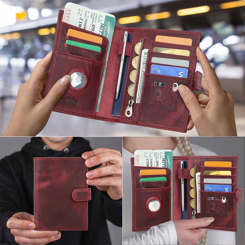 Full Grain Leather Passport Holder Compatible with Airtag Passport Wallet RFID Blocking Travel Passport Cover with SIM Card Removal Tool (Wine Red / Plain- Snap)
