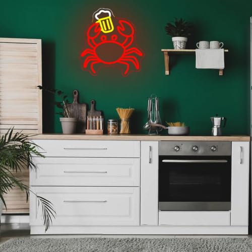 Crab Beer Neon Sign for Wall Decor Drinking Neon Light Bar Led Sign Red Seafood Neon Light Sign for Bar Seafood Market Coastal Beach Themed Restaurant (Red Beer Crab)