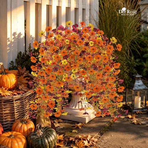 4Pcs Artificial Mums for Outdoors with Larger Flower Heads (Yellow/Orange/Burgundy)