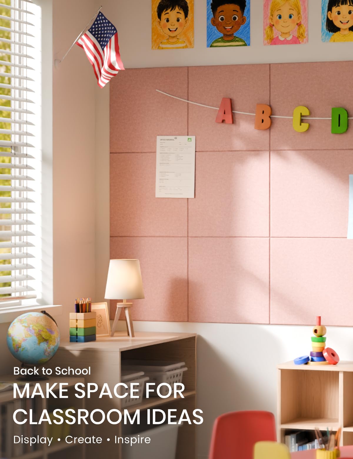 Felt Bulletin Board & Cork Board Alternative 48'' x 36'' (Pink-1 / Solid tile 6-pack)