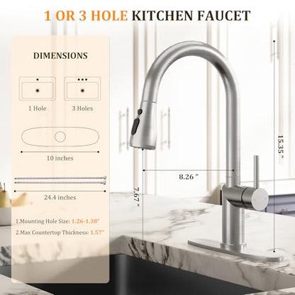 Kitchen Faucet with Pull Down Sprayer Kitchen Sink Faucets 2 Spray Modes 1 or 3 Hole Single Handle High Arc Stainless Steel