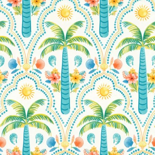 Tropical Peel and Stick Wallpaper Blue Coastal Palm Tree Seashells Shrimp Ocean Pattern Wall Paper for Bedroom Bathroom Playroom Removable Self
