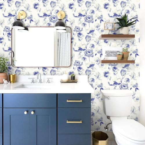 Floral Wallpaper Peel and Stick Vintage Contact Paper Indigo Floral Self Adhesive Removable Wallpaper Waterproof for Bathroom Kitchen Decorative Vintage Contact Paper Vinyl