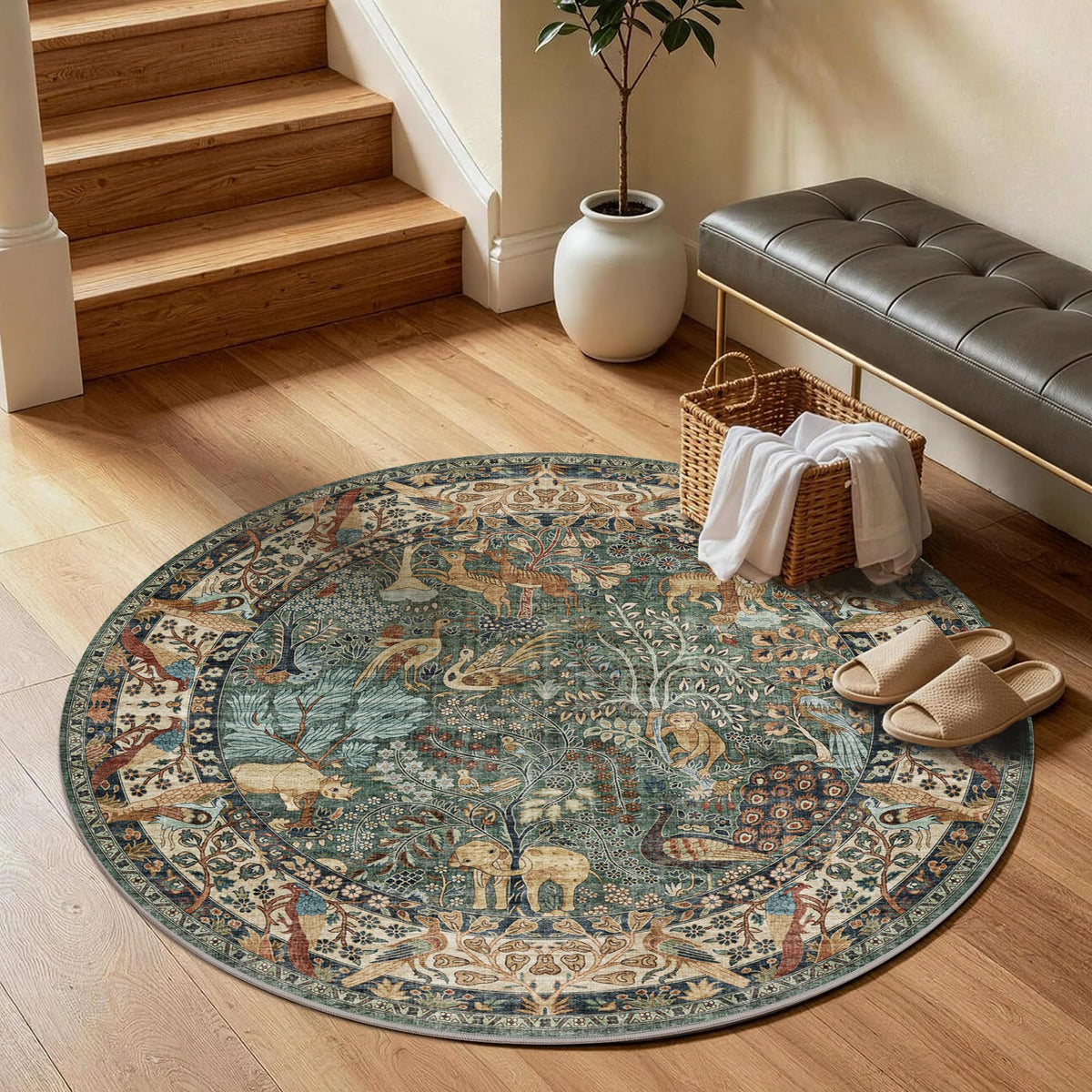 4ft Round Rug Circular Animal Print Area Rug Low Pile Indoor Rug (Green / 4' (Round))