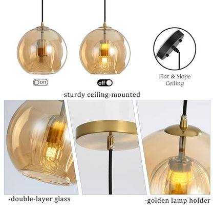 Modern Amber Glass Globe Pendant Light with Gold Socket