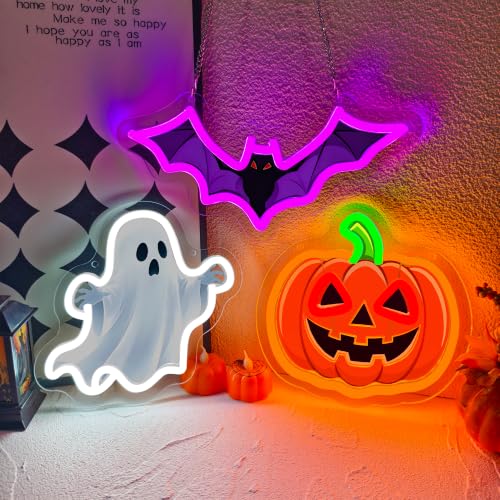 3 Pack Halloween Neon Sign UV Printed Pumpkin Ghost Bat Neon Light