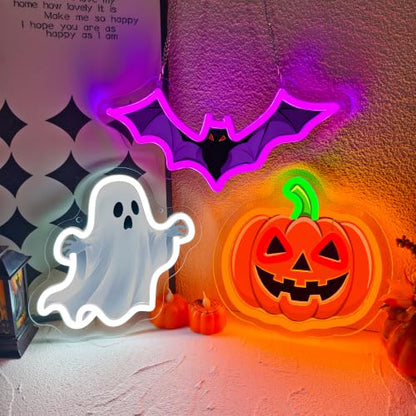 3 Pack Halloween Neon Sign UV Printed Pumpkin Ghost Bat Neon Light