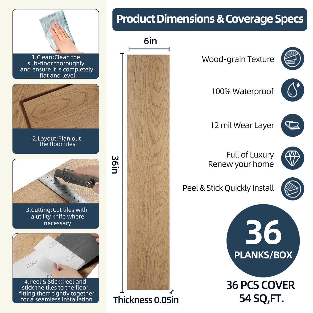 Peel and Stick Luxury Vinyl Plank (Cove Oak / 36 x 6 inches)