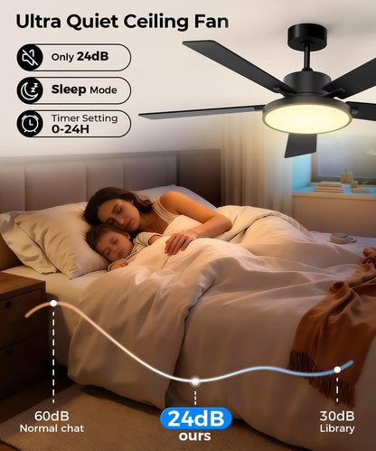 RGBCW Smart 52" 2600LM LED Ceiling Fan Light with Remote (Black +Walnut / 52 Inch)