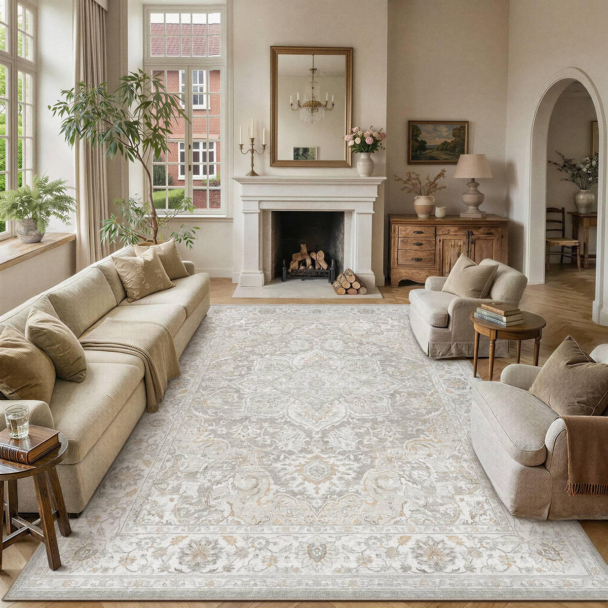 Grey Beige 8x10 Washable Area Rugs Vintage Indoor Carpet (E| Grey Beige / 8' x 10' (Rectangular))