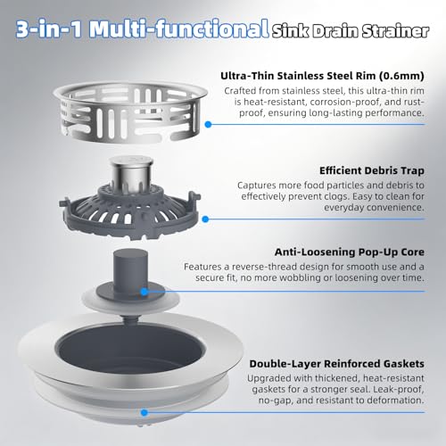 2 Pack 3 in 1 Kitchen Sink Drain Strainer (Brushed Stainless Steel)