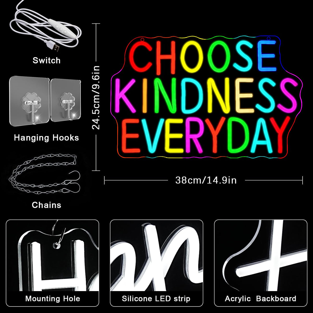 Choose Kindness Everyday Neon Sign for Wall Decor Classroom Neon Light Be Kind LED Sign Dimmable Colorful Letter Neon Light Sign for Library Room School Studyroom Classroom Decor (Colorful Choose Kindness Everyday)