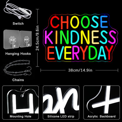 Choose Kindness Everyday Neon Sign for Wall Decor Classroom Neon Light Be Kind LED Sign Dimmable Colorful Letter Neon Light Sign for Library Room School Studyroom Classroom Decor (Colorful Choose Kindness Everyday)