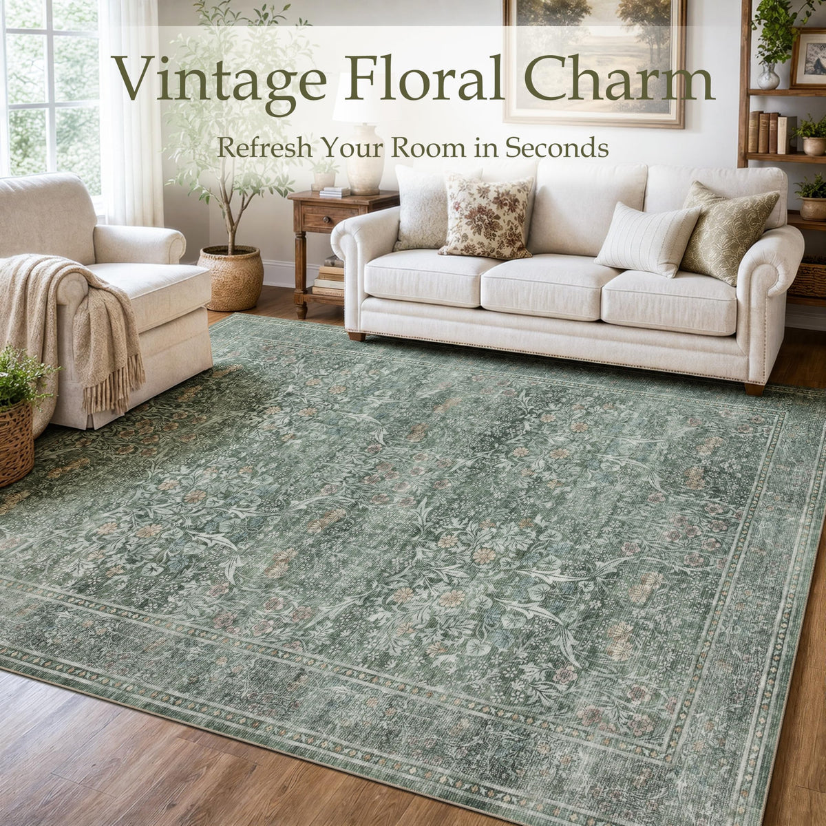 Runner Rug 2x8 Washable Vintage Floral Rug (Moss Green / 2' x 8' (Rectangular))