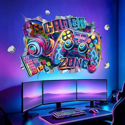 Large 3D Game Controller Wall Stickers Colorful Gamer Zone Gaming Graffiti Peel and Stick Wall Art Decals for Boys Bedroom Kids Room Playroom