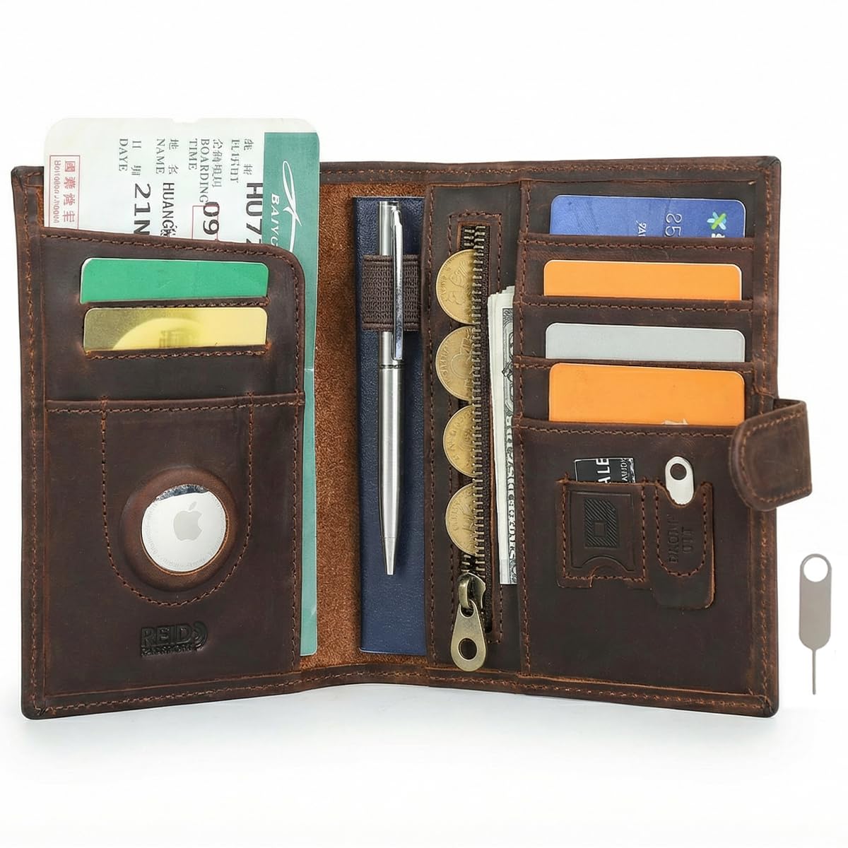 Full Grain Leather Passport Holder Compatible with Airtag Slot RFID Blocking Passport Wallet Travel Slim Passport Cover with SIM Card Removal Tool (Coffee / Plain- Snap)