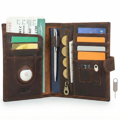 Full Grain Leather Passport Holder Compatible with Airtag Slot RFID Blocking Passport Wallet Travel Slim Passport Cover with SIM Card Removal Tool (Coffee / Plain- Snap)